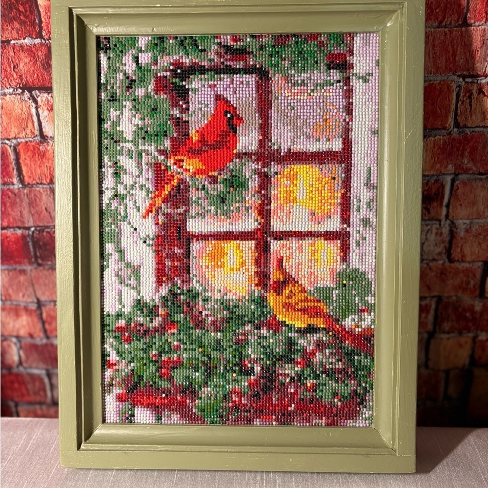 Beaded Cardinal Framed Artwork. One of a Kind.